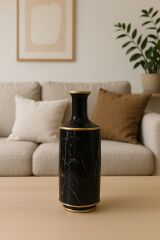 Dekoratif siyah mermer altın detaylı vazo