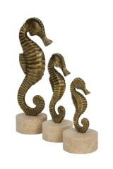 Dekoratif 3'lü pirinç denizatı figürü seti traverten tabanlı biblo takımı