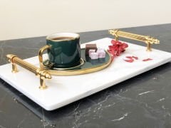 Beyaz Mermer Sunum, Nişan Tepsisi 20x30 Gold Kumru