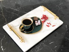 Beyaz Mermer Sunum, Nişan Tepsisi 20x30 Gold Kumru