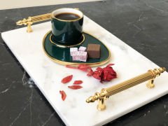 Beyaz Mermer Sunum, Nişan Tepsisi 20x30 Gold Kumru