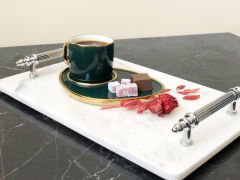 Beyaz Mermer Sunum, Nişan Tepsisi 20x30 Gümüş Kumru