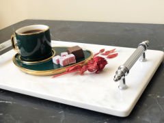 Beyaz Mermer Sunum, Nişan Tepsisi 20x30 Gümüş Kumru