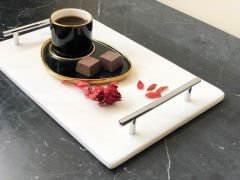 Beyaz Mermer Sunum, Nişan Tepsisi 20x30 Gümüş Slim