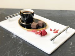 Beyaz Mermer Sunum, Nişan Tepsisi 20x30 Gümüş Slim