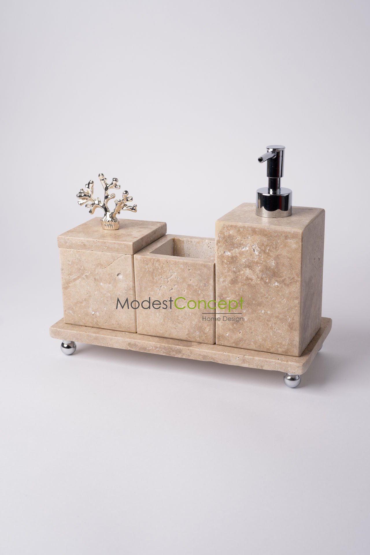 Traverten 3lü Banyo Seti Gümüş Mercan