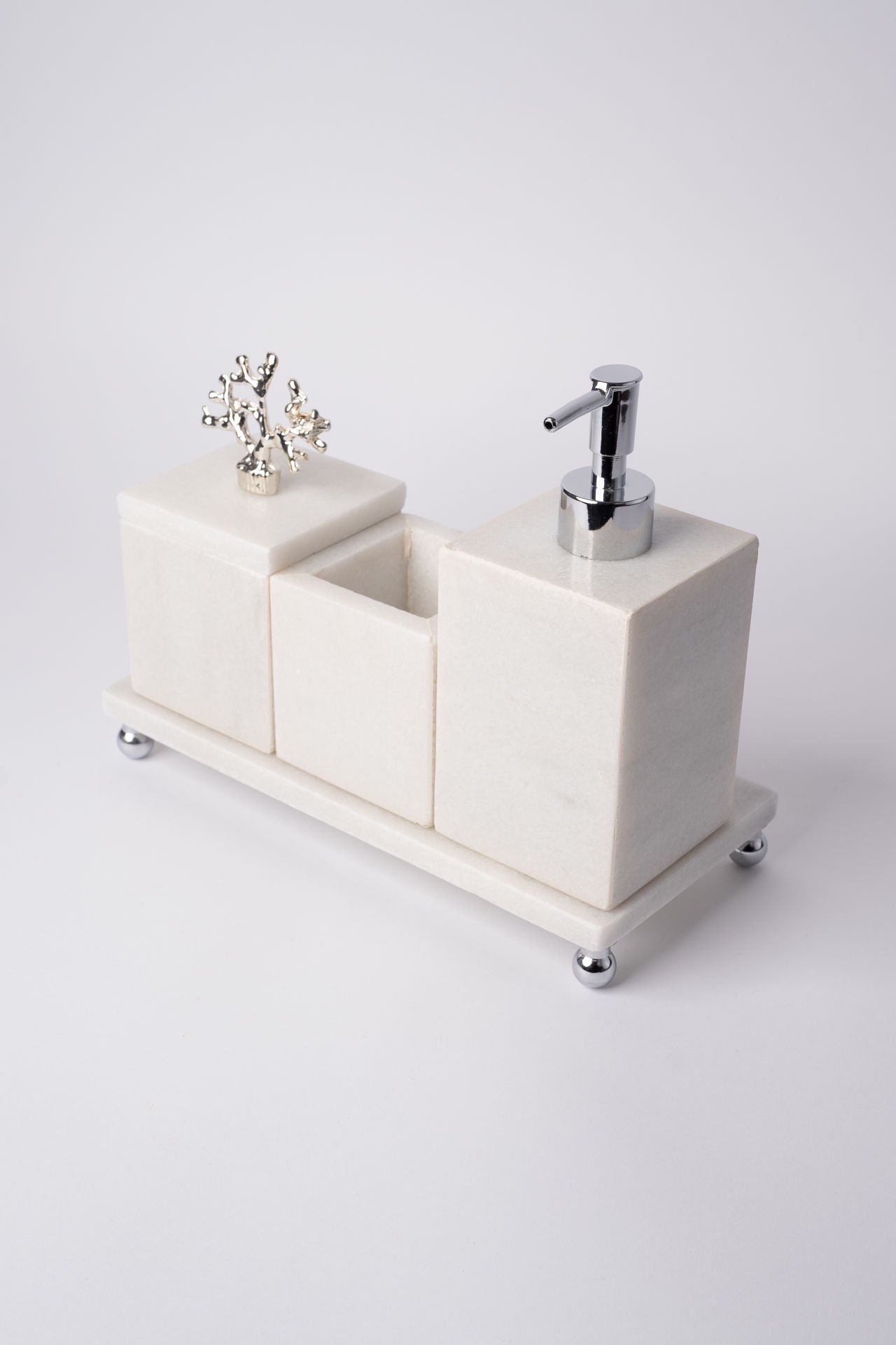 Beyaz Mermer 3lü Banyo Seti Gümüş Mercan