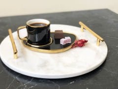 Beyaz Mermer Sunum, Nişan Tepsisi Yuvarlak Slim Gold