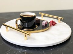 Beyaz Mermer Sunum, Nişan Tepsisi Yuvarlak Slim Gold