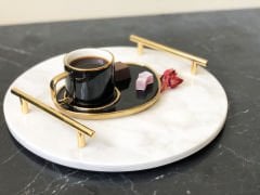 Beyaz Mermer Sunum, Nişan Tepsisi Yuvarlak Slim Gold