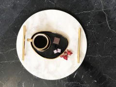 Beyaz Mermer Sunum, Nişan Tepsisi Yuvarlak Slim Gold