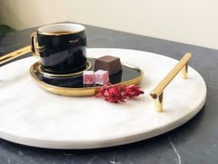 Beyaz Mermer Sunum, Nişan Tepsisi Yuvarlak Slim Gold