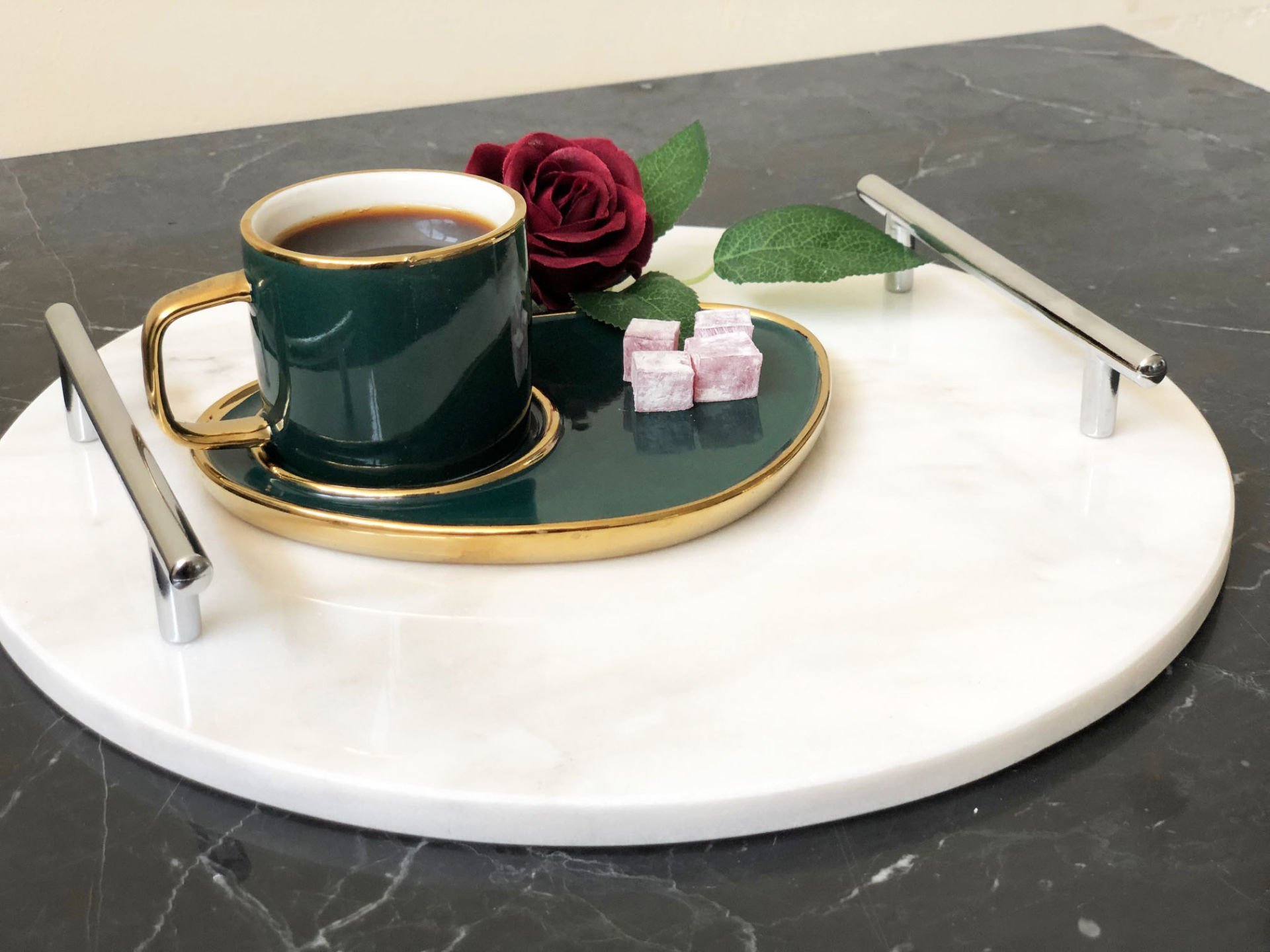 Beyaz Mermer Sunum, Nişan Tepsisi Yuvarlak Slim Gümüş