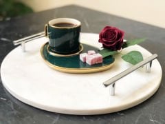 Beyaz Mermer Sunum, Nişan Tepsisi Yuvarlak Slim Gümüş