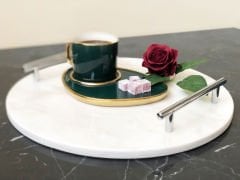 Beyaz Mermer Sunum, Nişan Tepsisi Yuvarlak Slim Gümüş