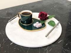 Beyaz Mermer Sunum, Nişan Tepsisi Yuvarlak Slim Gümüş