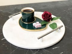 Beyaz Mermer Sunum, Nişan Tepsisi Yuvarlak Slim Gümüş