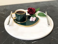 Beyaz Mermer Sunum, Nişan Tepsisi Yuvarlak Slim Gümüş