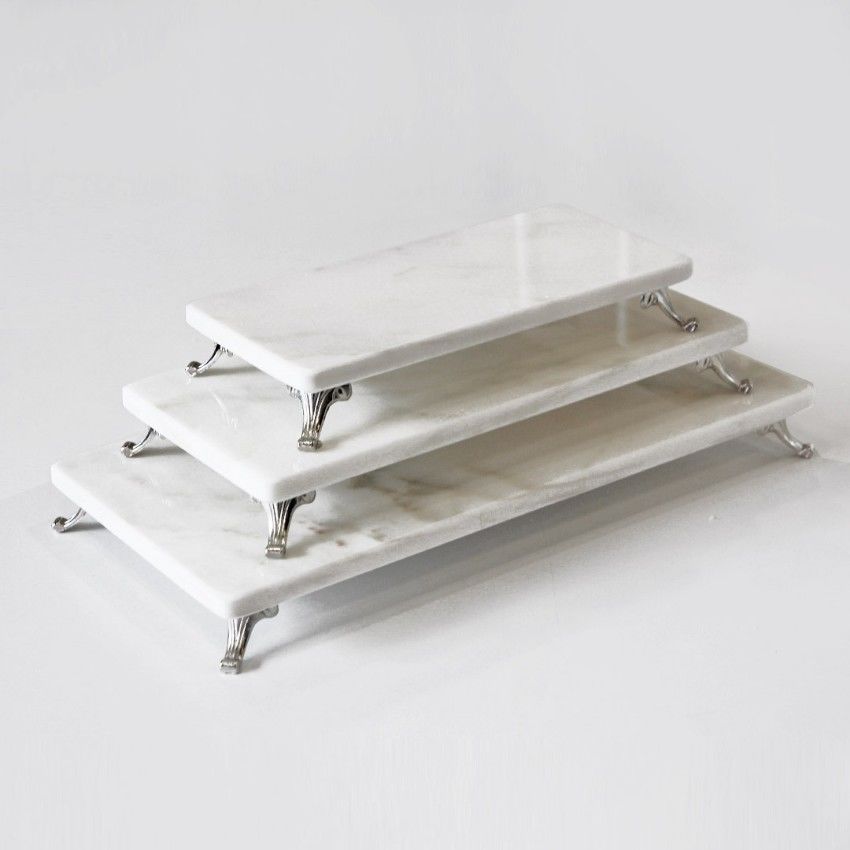 Beyaz Mermer 3lü Sunum Seti Gümüş Ayak