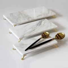 Beyaz Mermer 3lü Sunum Seti Gold Ayak