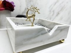 Beyaz Mermer Peçete Kutusu Gold Uçan Geyik