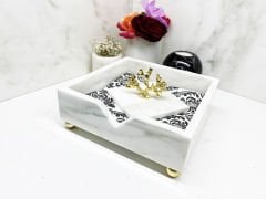 Beyaz Mermer Peçete Kutusu Gold Mercan