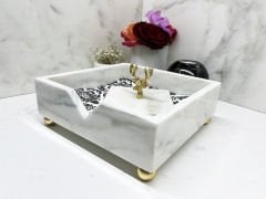 Beyaz Mermer Peçete Kutusu Gold Geyik