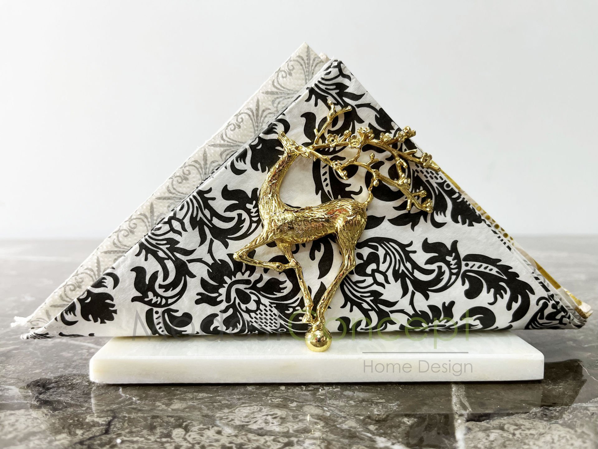 Beyaz Yarım Daire Peçetelik Gold Uçan Geyik