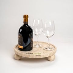 Traverten Yuvarlak Tepsi, Traverten Yuvarlak Sunum Mermer Top Ayaklı 28cm