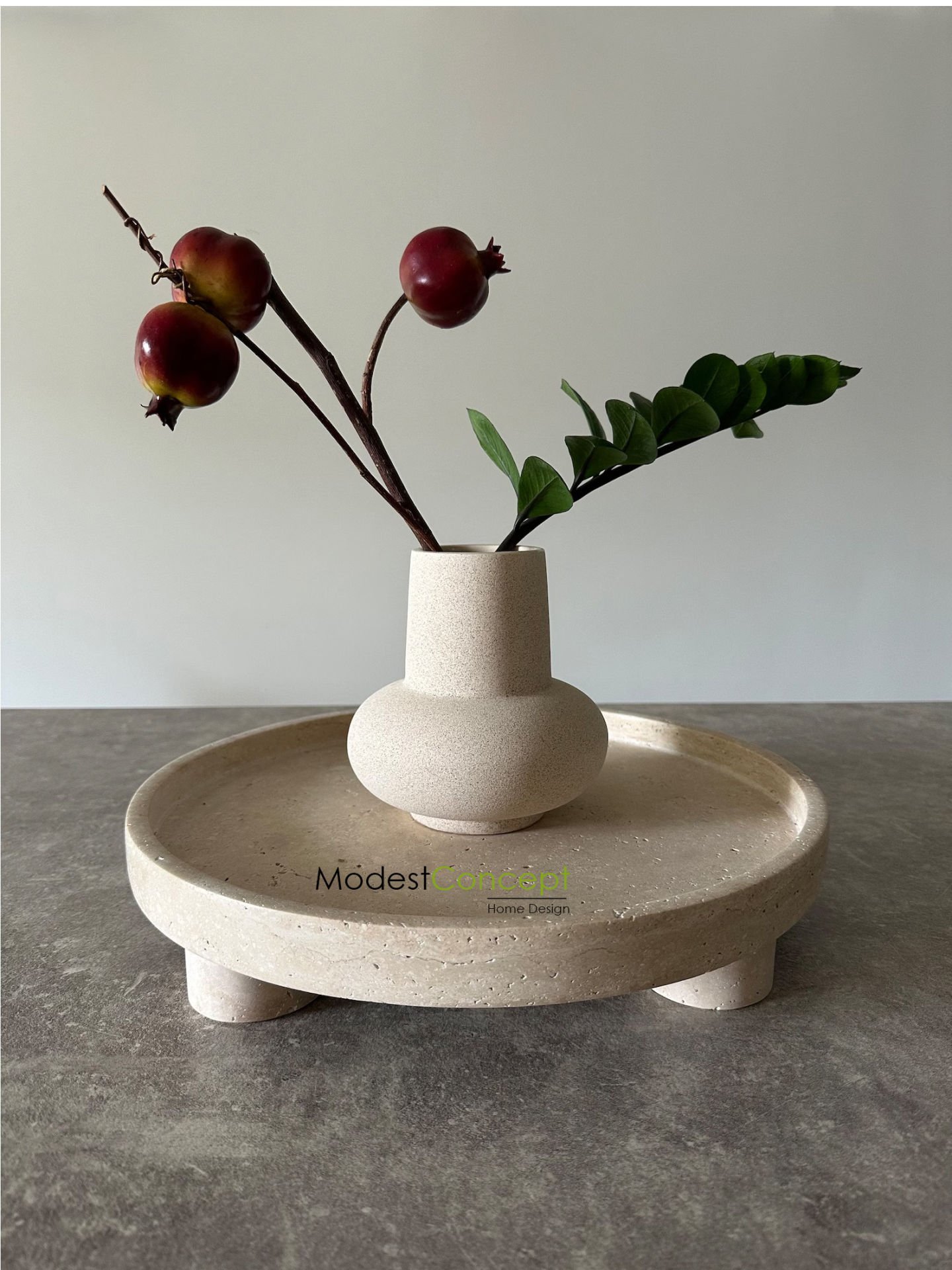 Traverten Yuvarlak Tepsi, Traverten Yuvarlak Sunum Mermer Silindir Ayaklı 28cm(Kopya)