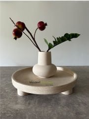 Traverten Yuvarlak Tepsi, Traverten Yuvarlak Sunum Mermer Silindir Ayaklı 28cm