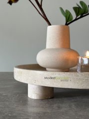 Traverten Yuvarlak Tepsi, Traverten Yuvarlak Sunum Mermer Silindir Ayaklı 28cm