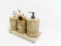 Traverten Banyo Seti Silindir 4 Parça Gümüş Mercan