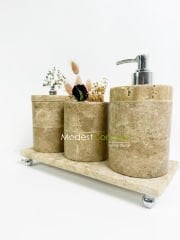 Traverten Banyo Seti Silindir 4 Parça Gümüş Mercan