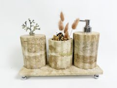 Traverten Banyo Seti Silindir 4 Parça Gümüş Mercan Kenar Detaylı