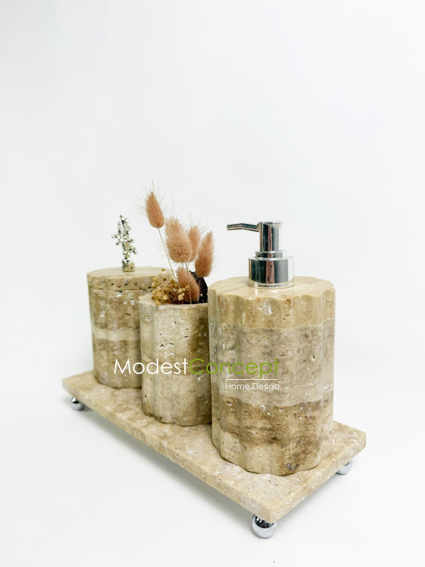 Traverten Banyo Seti Silindir 4 Parça Gümüş Mercan Kenar Detaylı