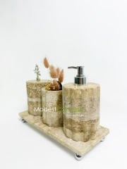 Traverten Banyo Seti Silindir 4 Parça Gümüş Mercan Kenar Detaylı