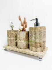 Traverten Banyo Seti Silindir 4 Parça Gümüş Mercan Kenar Detaylı