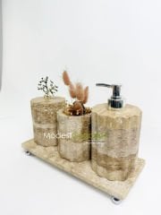 Traverten Banyo Seti Silindir 4 Parça Gümüş Mercan Kenar Detaylı