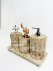 Traverten Banyo Seti Silindir 4 Parça Gümüş Mercan Kenar Detaylı