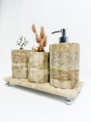 Traverten Banyo Seti Silindir 4 Parça Gümüş Mercan Kenar Detaylı