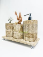 Traverten Banyo Seti Silindir 4 Parça Gümüş Mercan Kenar Detaylı