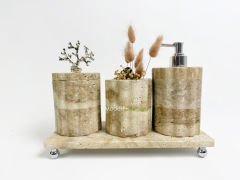 Traverten Banyo Seti Silindir 4 Parça Gümüş Mercan Kenar Detaylı