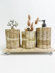 Traverten Banyo Seti Silindir 4 Parça Gümüş Mercan Kenar Detaylı