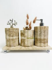 Traverten Banyo Seti Silindir 4 Parça Gümüş Mercan Kenar Detaylı