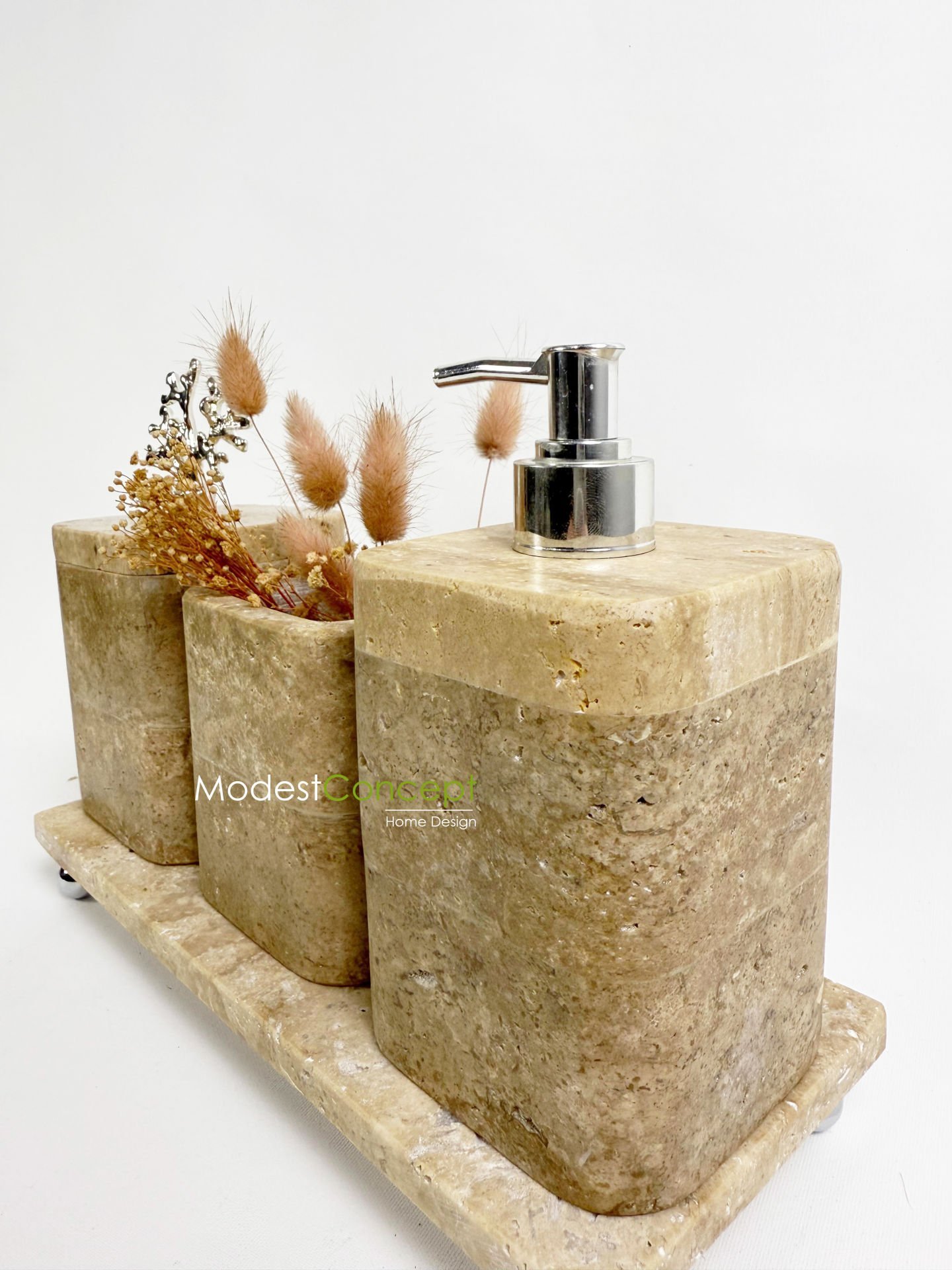 Traverten Banyo Seti Silindir 4 Parça Gümüş Mercan Köşegen