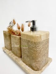 Traverten Banyo Seti Silindir 4 Parça Gümüş Mercan Köşegen