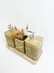 Traverten Banyo Seti Silindir 4 Parça Gümüş Mercan Köşegen