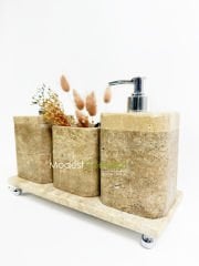 Traverten Banyo Seti Silindir 4 Parça Gümüş Mercan Köşegen