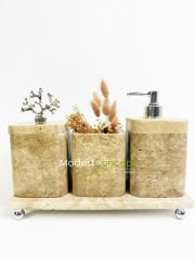 Traverten Banyo Seti Silindir 4 Parça Gümüş Mercan Köşegen